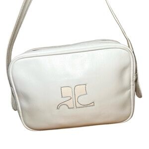 Courrèges vintage leather bag iconic camera bag with signature front logo white